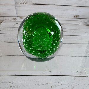Vintage Green Art Glass Orb Controlled Bubble Paperweight 3" tall Table Decor